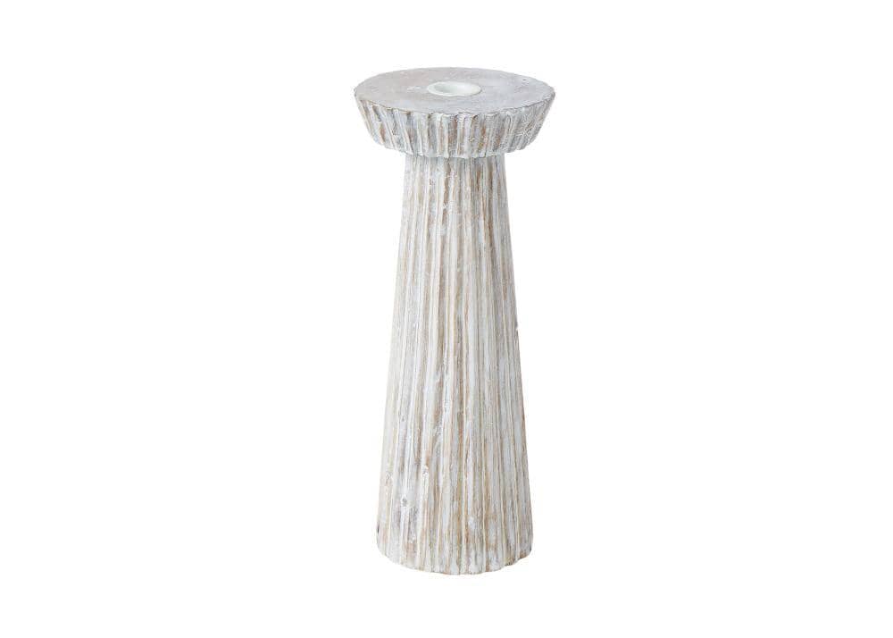 A tall ceramic candle holder on a white background.