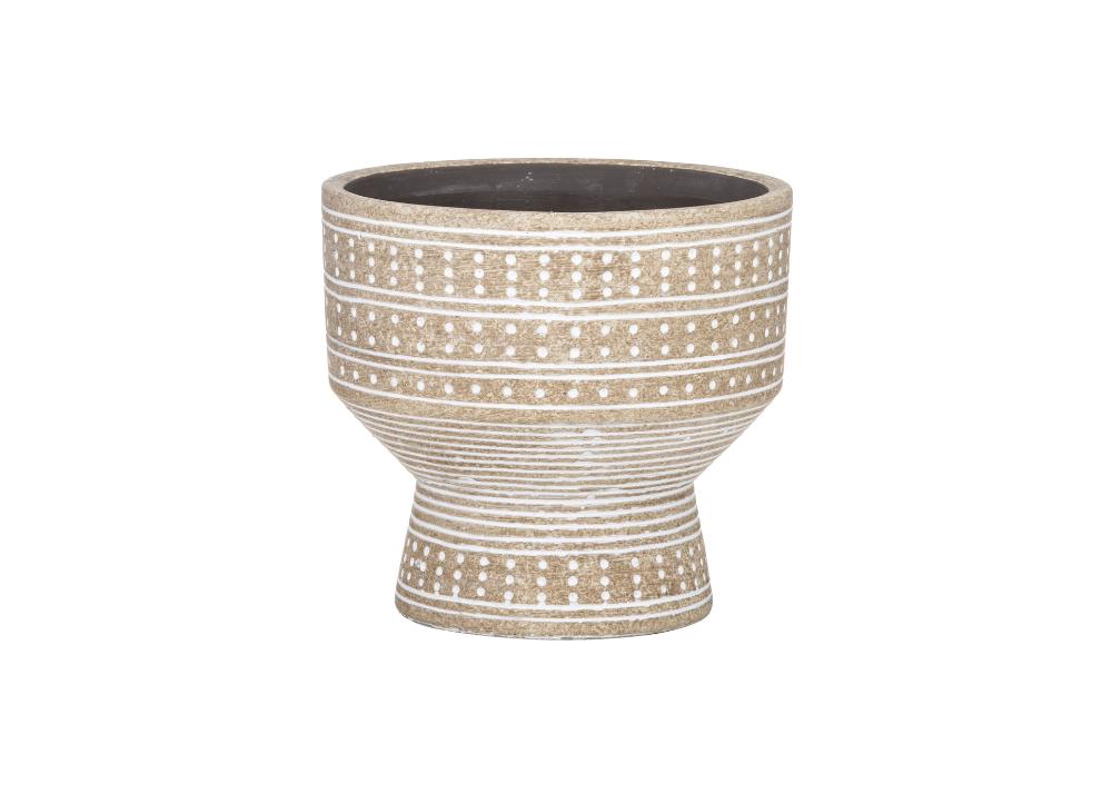 A ceramic planter with a white and beige pattern.