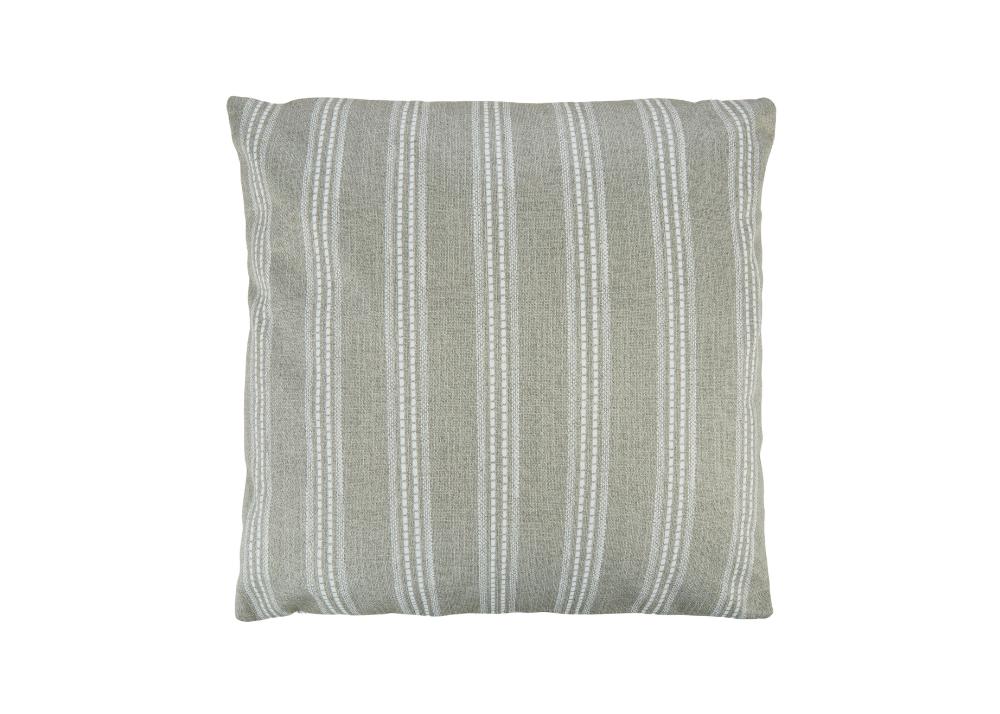 A beige and white striped pillow on a white background.