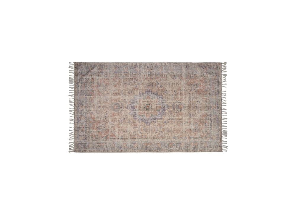 A blue and beige rug with fringes on a white background.