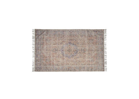 A blue and beige rug with fringes on a white background.