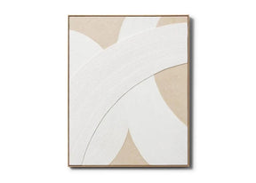 A white and beige abstract painting on a wall