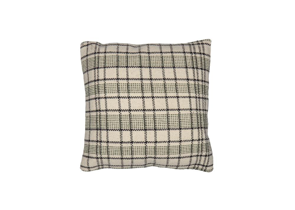 A black and white plaid pillow on a white background.