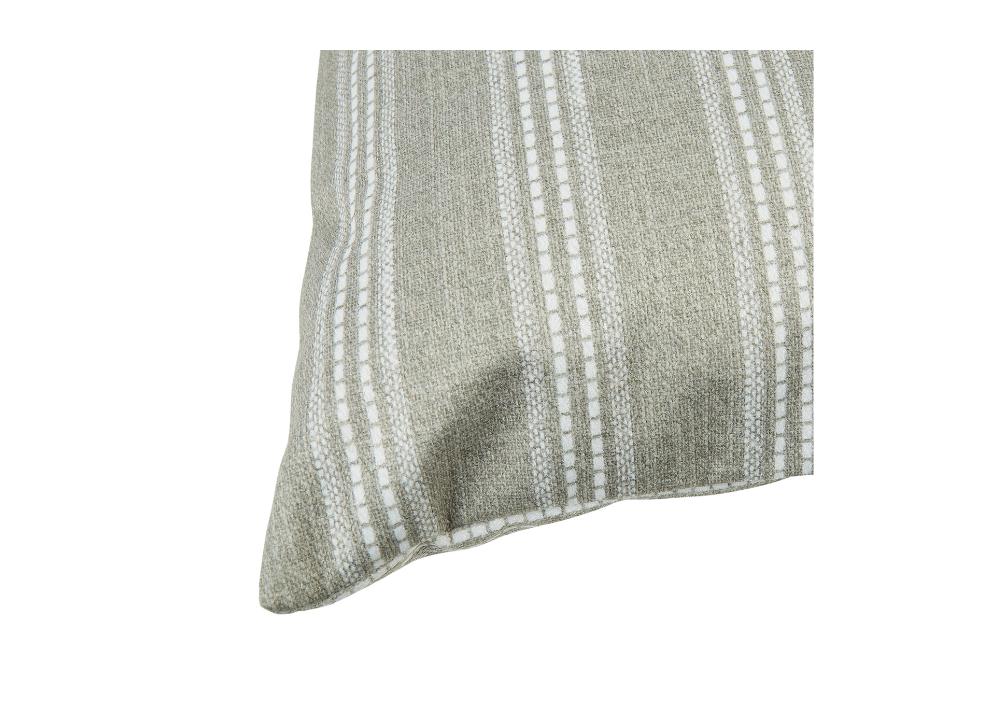 Close up of A beige and white striped pillow on a white background.