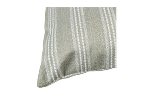 Close up of A beige and white striped pillow on a white background.