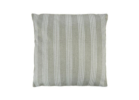 A beige and white striped pillow on a white background.