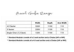 Ascot sofa range - dimensions list