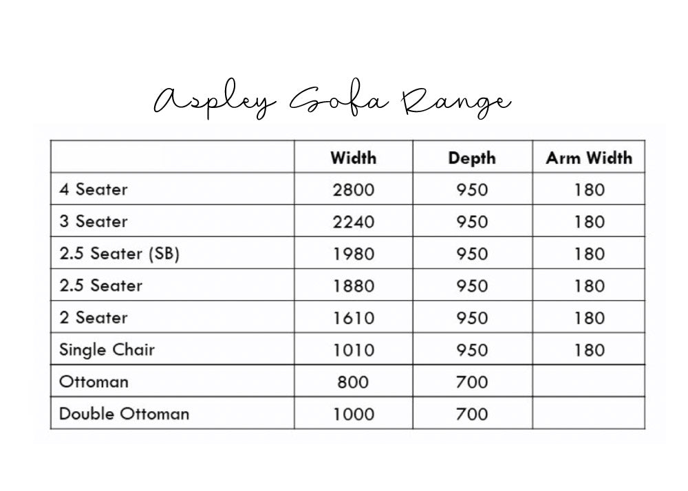 Aspley sofa range dimensions list