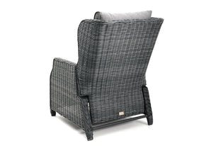 Barcelona Recliner Arm Chair with olifin fabric cushions in uv protected synthetic wicker back view